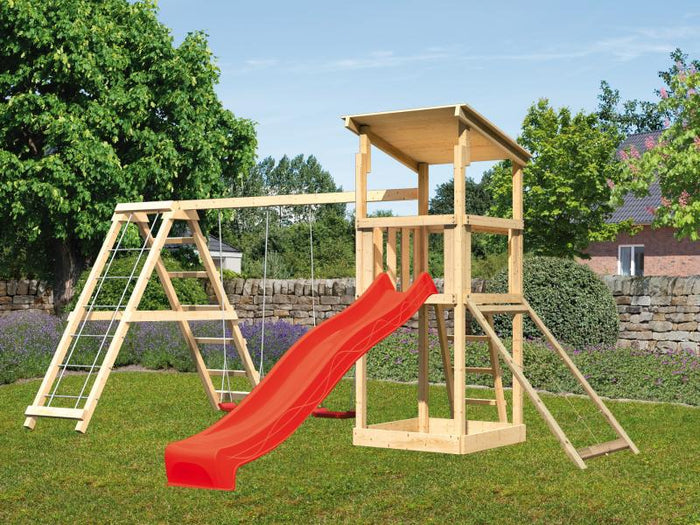 Karibu Spielturm Anna + Rutsche rot + Doppelschaukelanbau Klettergerüst + Netzrampe