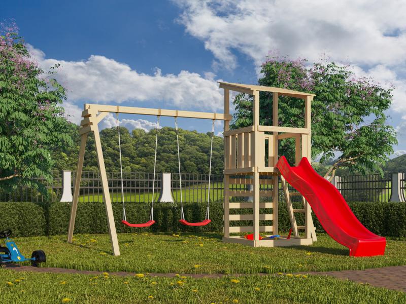 Karibu Spielturm Anna + Rutsche rot + Doppelschaukel + Kletterwand