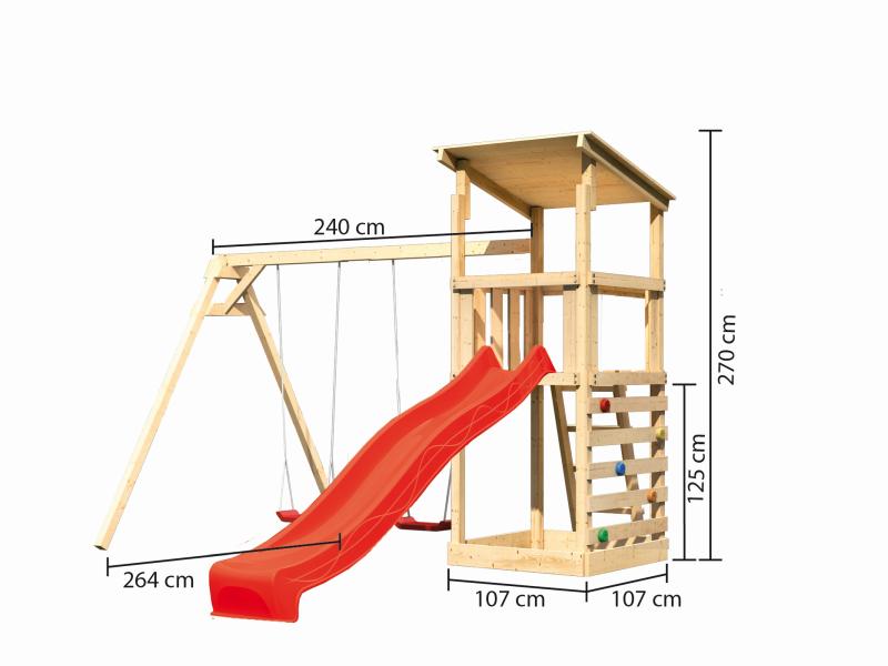 Karibu Spielturm Anna + Rutsche rot + Doppelschaukel + Kletterwand