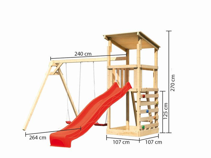 Karibu Spielturm Anna + Rutsche rot + Doppelschaukel + Kletterwand