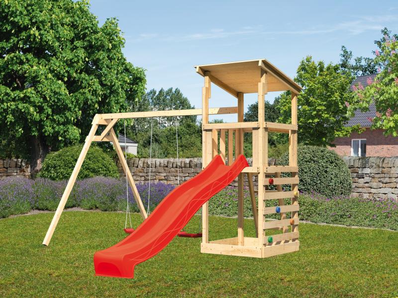 Karibu Spielturm Anna + Rutsche rot + Doppelschaukel + Kletterwand