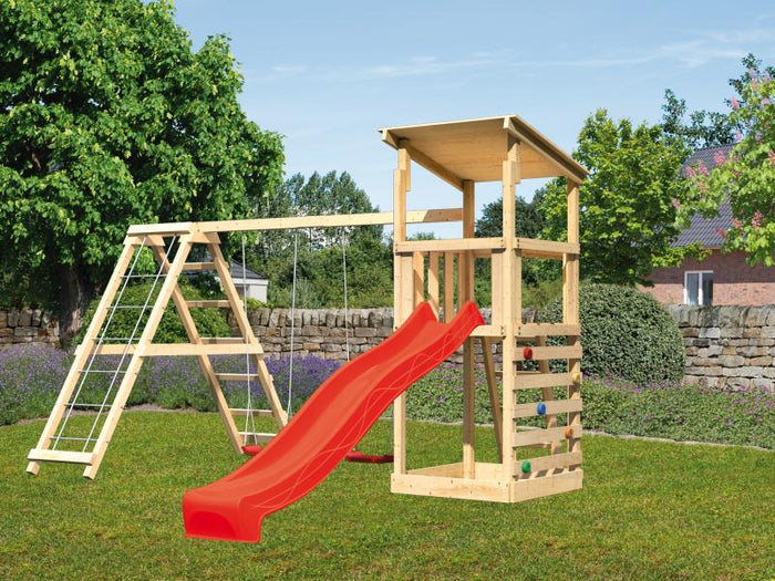 Karibu Spielturm Anna + Rutsche rot + Doppelschaukelanbau Klettergerüst + Kletterwand