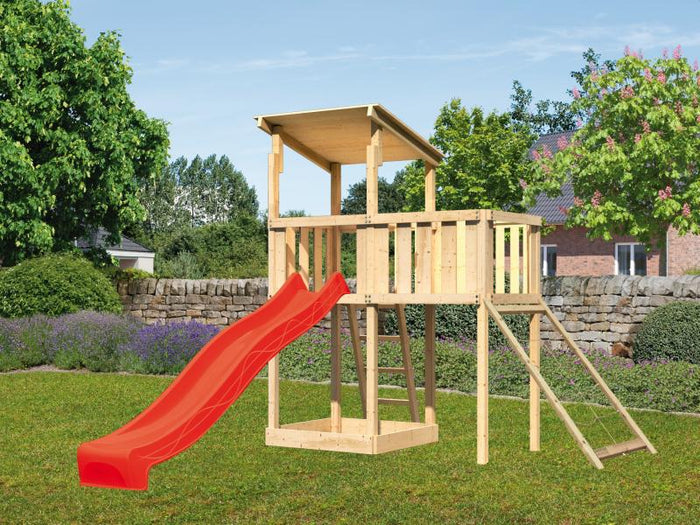 Karibu Spielturm Anna + Rutsche rot + Anbauplattform + Netzrampe