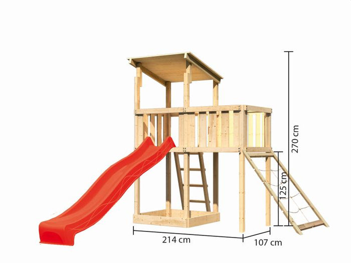 Karibu Spielturm Anna + Rutsche rot + Anbauplattform + Netzrampe
