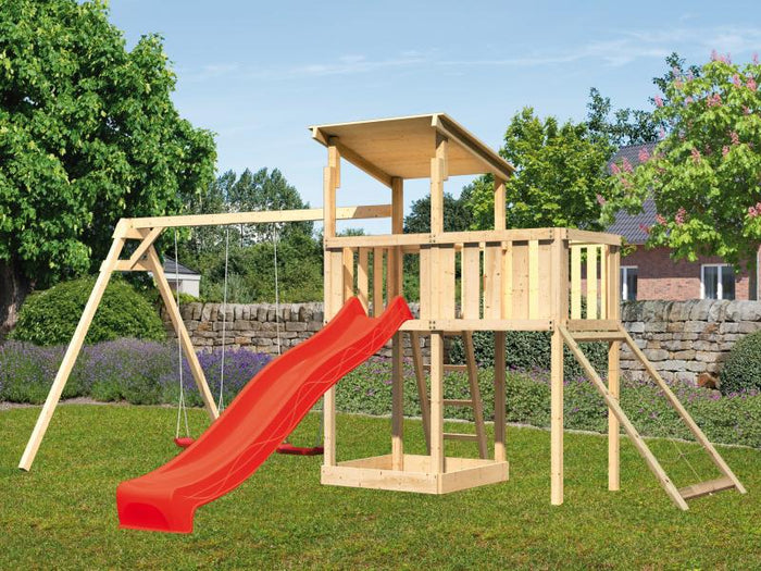 Karibu Spielturm Anna + Rutsche rot + Doppelschaukel + Anbauplattform + Netzrampe
