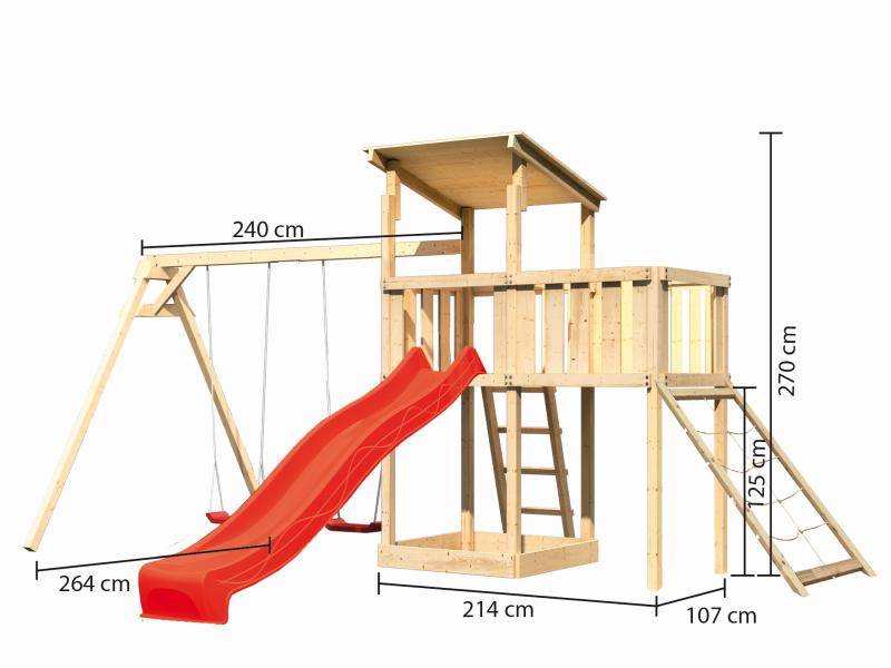 Karibu Spielturm Anna + Rutsche rot + Doppelschaukel + Anbauplattform + Netzrampe