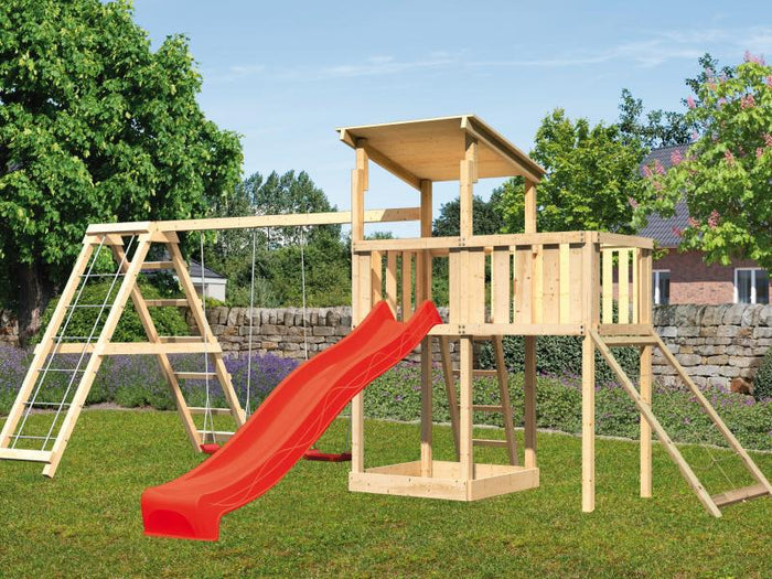 Karibu Spielturm Anna + Rutsche rot + Doppelschaukelanbau Klettergerüst + Anbauplattform + Netzrampe