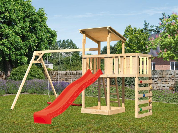 Karibu Spielturm Anna + Rutsche rot + Doppelschaukel + Anbauplattform + Kletterwand