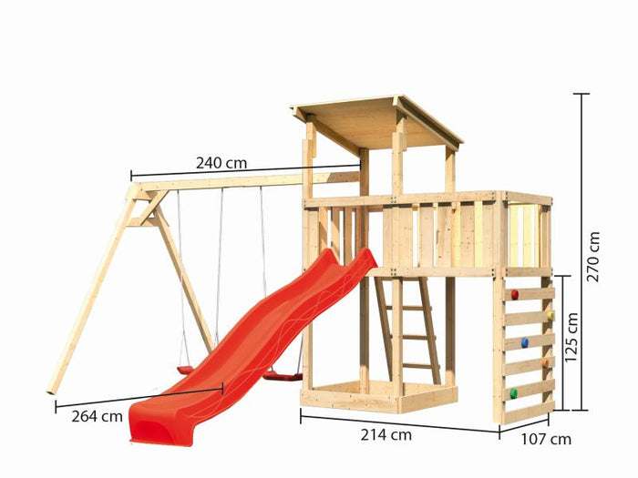 Karibu Spielturm Anna + Rutsche rot + Doppelschaukel + Anbauplattform + Kletterwand