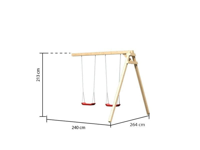 Karibu Spielturm Anna + Rutsche rot + Doppelschaukel + Anbauplattform + Kletterwand