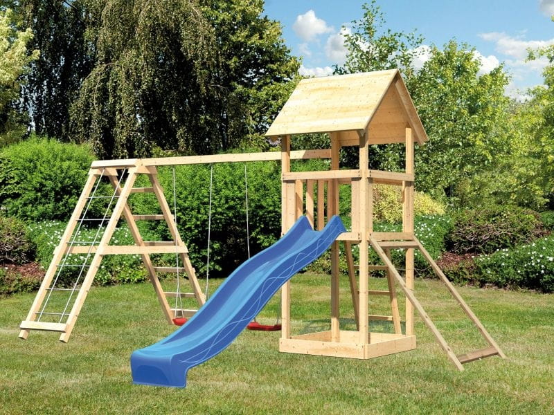 Karibu Spielturm Lotti- Doppelschaukel mit Klettergerüst, Netzrampe und Rutsche in blau