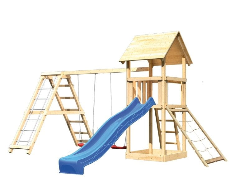 Karibu Spielturm Lotti- Doppelschaukel mit Klettergerüst, Netzrampe und Rutsche in blau