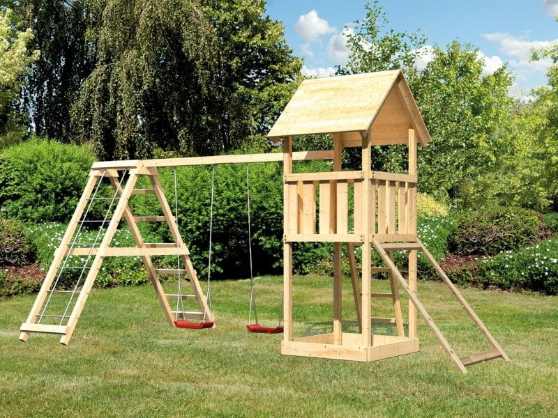Karibu Spielturm Lotti- Doppelschaukel mit Klettergerüst und Netzrampe