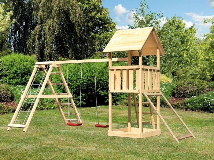 Karibu Spielturm Lotti- Doppelschaukel mit Klettergerüst und Netzrampe