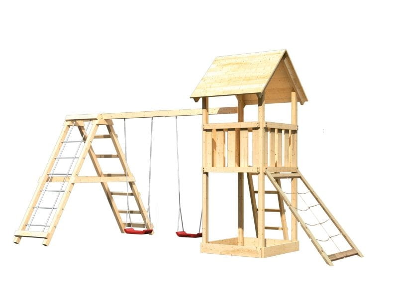 Karibu Spielturm Lotti- Doppelschaukel mit Klettergerüst und Netzrampe