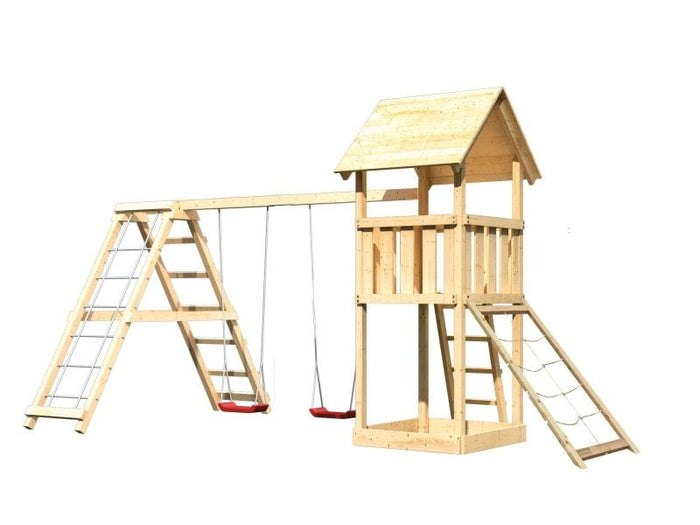 Karibu Spielturm Lotti- Doppelschaukel mit Klettergerüst und Netzrampe