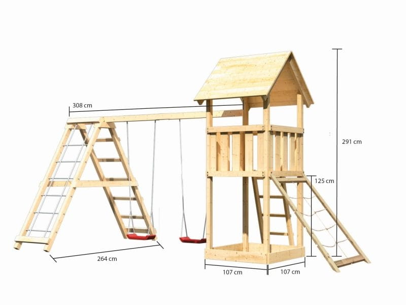 Karibu Spielturm Lotti- Doppelschaukel mit Klettergerüst und Netzrampe