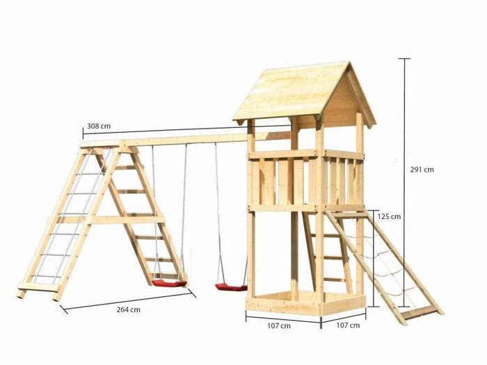 Karibu Spielturm Lotti- Doppelschaukel mit Klettergerüst und Netzrampe