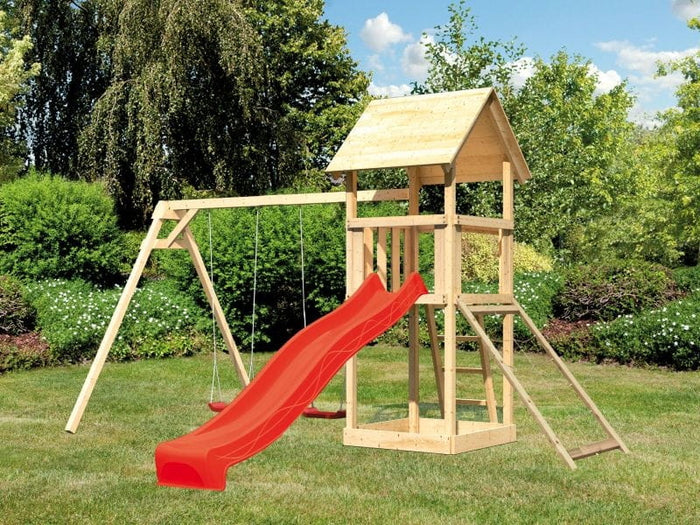 Karibu Spielturm Lotti mit Doppelschaukel, Netzrampe und Rutsche rot