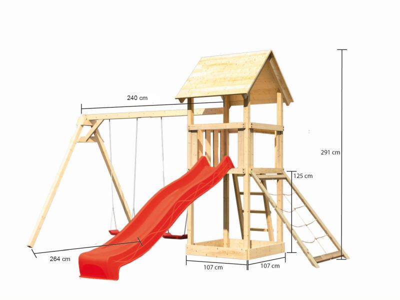 Karibu Spielturm Lotti mit Doppelschaukel, Netzrampe und Rutsche rot
