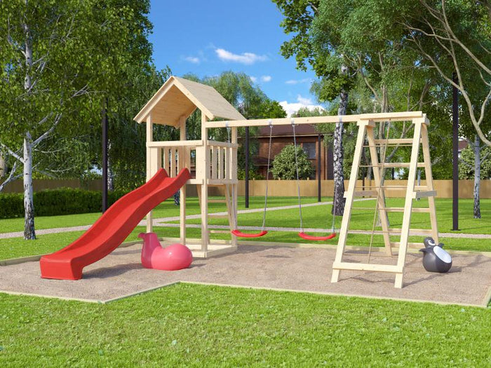 Karibu Spielturm Lotti mit Rutsche in rot und Doppelschaukel inkl. Klettergerüst