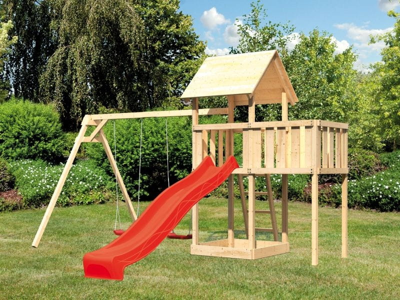 Karibu Spielturm Lotti natur- Anbauplattform- Doppelschaukel- Rutsche rot