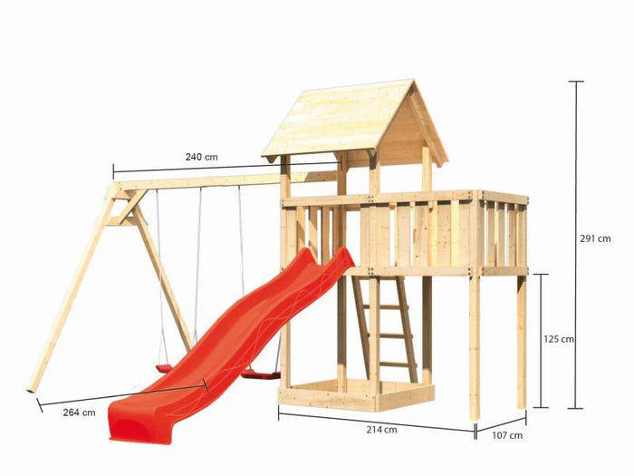 Karibu Spielturm Lotti natur- Anbauplattform- Doppelschaukel- Rutsche rot