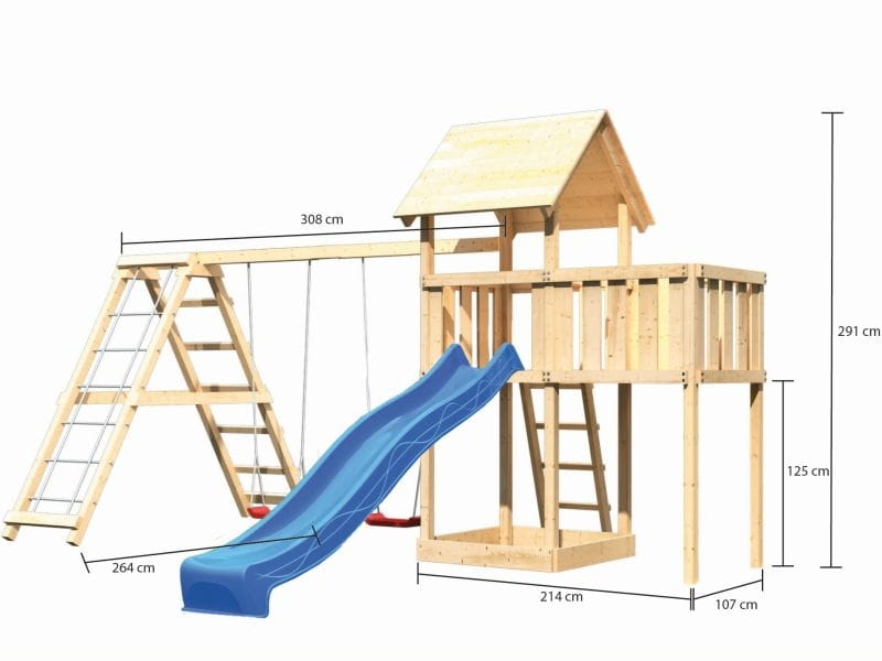 Karibu Spielturm Lotti natur- Anbauplattform- Doppelschaukel inkl. Klettergerüst- Rutsche blau