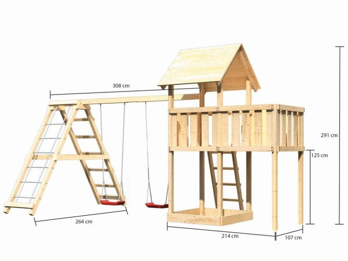 Karibu Spielturm Lotti natur- Anbauplattform- Doppelschaukel inkl. Klettergerüst
