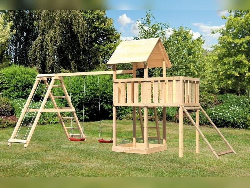 Karibu Spielturm Lotti natur- Anbauplattform- Doppelschaukel inkl. Klettergerüst- Netzrampe