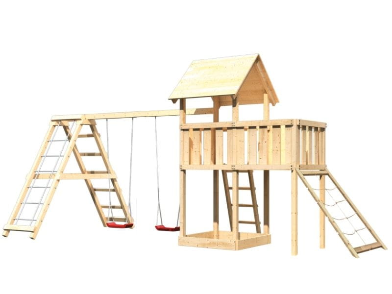 Karibu Spielturm Lotti natur- Anbauplattform- Doppelschaukel inkl. Klettergerüst- Netzrampe