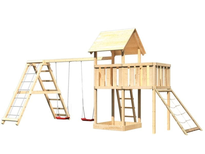 Karibu Spielturm Lotti natur- Anbauplattform- Doppelschaukel inkl. Klettergerüst- Netzrampe