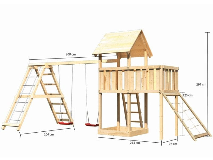 Karibu Spielturm Lotti natur- Anbauplattform- Doppelschaukel inkl. Klettergerüst- Netzrampe
