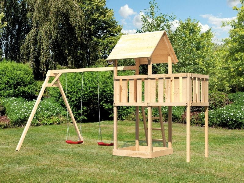 Karibu Spielturm Lotti natur mit Anbauplattform und Doppelschaukel