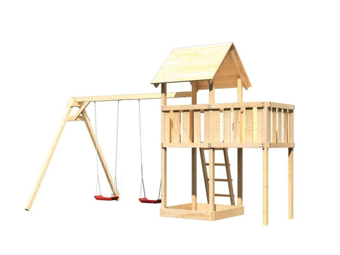 Karibu Spielturm Lotti natur mit Anbauplattform und Doppelschaukel