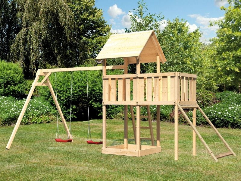 Karibu Spielturm Lotti natur mit Anbauplattform, Netzrampe und Doppelschaukel