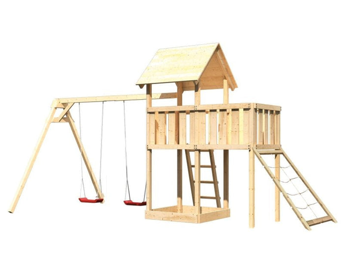 Karibu Spielturm Lotti natur mit Anbauplattform, Netzrampe und Doppelschaukel