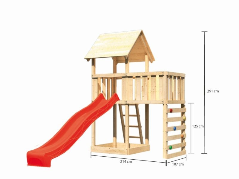 Karibu Spielturm Lotti natur mit Anbauplattform, Kletterwand und Rutsche rot