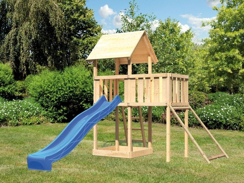 Karibu Spielturm Lotti natur mit Anbauplattform, Netzrampe und Rutsche blau