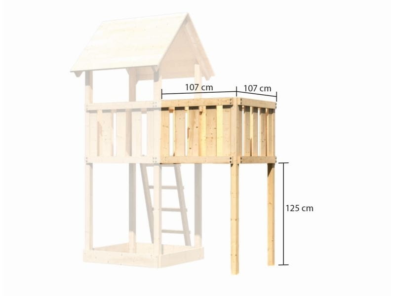 Karibu Spielturm Lotti natur mit Anbauplattform, Netzrampe und Rutsche blau