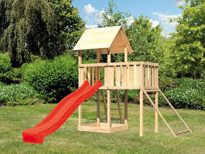 Karibu Spielturm Lotti natur mit Anbauplattform, Netzrampe und Rutsche rot