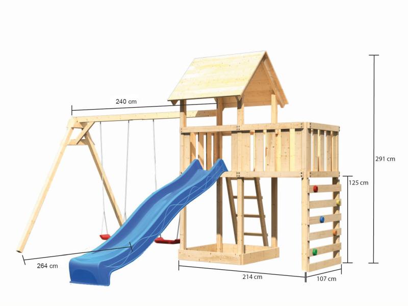 Karibu Spielturm Lotti Satteldach + Rutsche blau + Doppelschaukel + Anbauplattform + Kletterwand