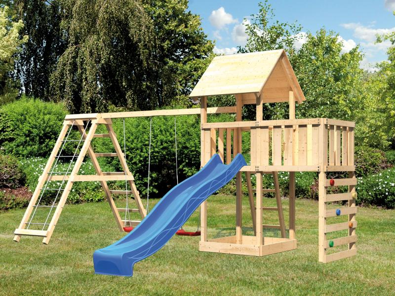 Karibu Spielturm Lotti Satteldach + Rutsche blau + Doppelschaukel Klettergerüst + Anbauplattform + K