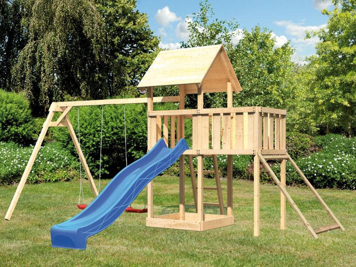 Karibu Spielturm Lotti Satteldach + Rutsche blau + Doppelschaukel + Anbauplattform + Netzrampe
