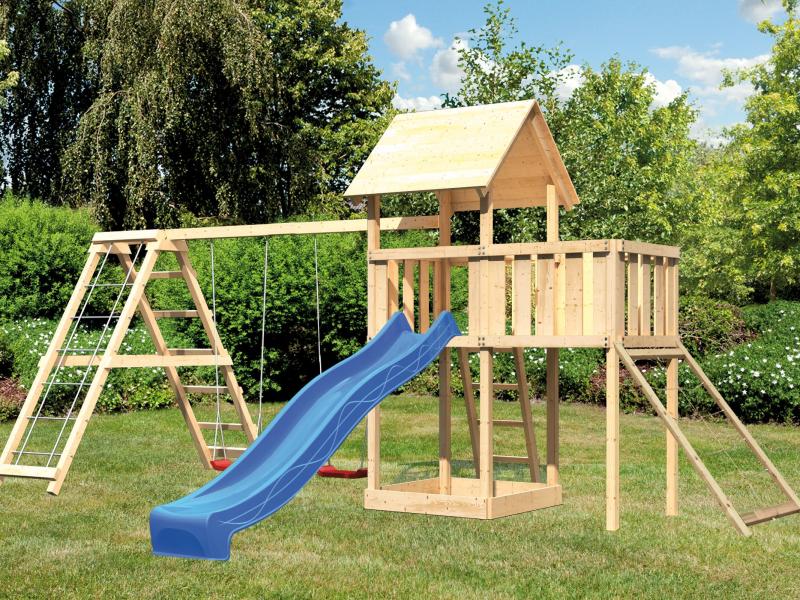 Karibu Spielturm Lotti Satteldach + Rutsche blau + Doppelschaukelanbau Klettergerüst + Anbauplattfor