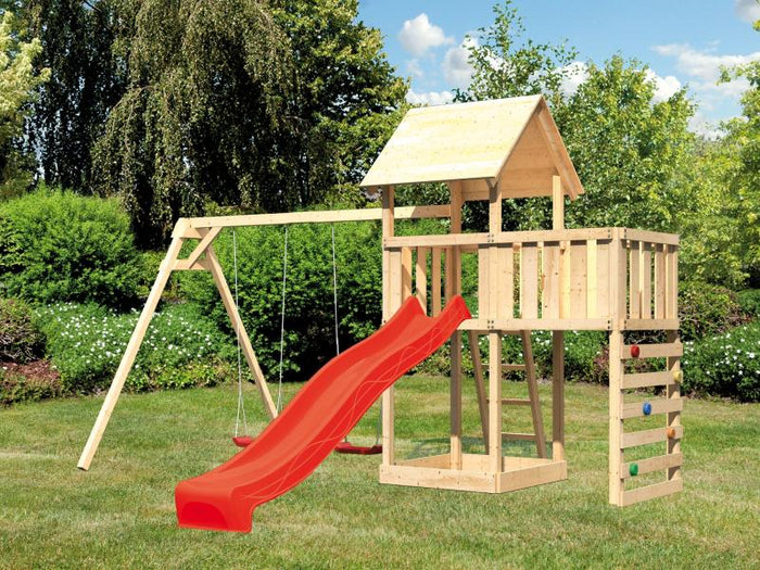 Karibu Spielturm Lotti Satteldach + Rutsche rot + Doppelschaukel + Anbauplattform + Kletterwand