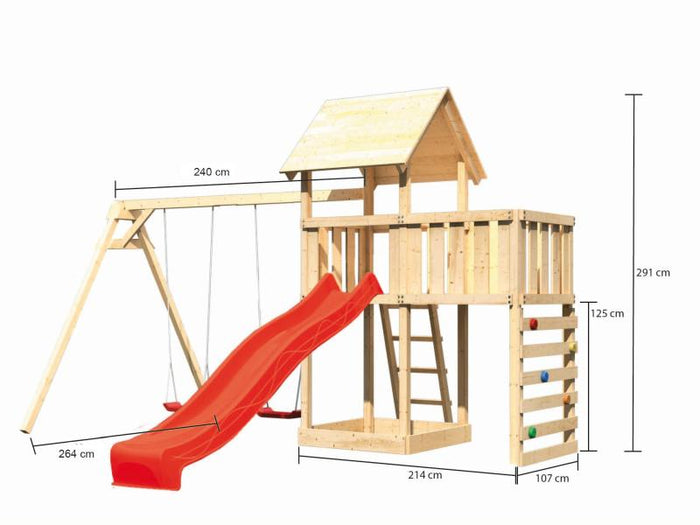 Karibu Spielturm Lotti Satteldach + Rutsche rot + Doppelschaukel + Anbauplattform + Kletterwand