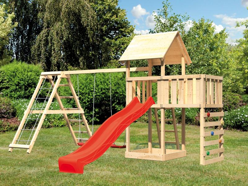 Karibu Spielturm Lotti Satteldach + Rutsche rot + Doppelschaukel Klettergerüst + Anbauplattform + Kl