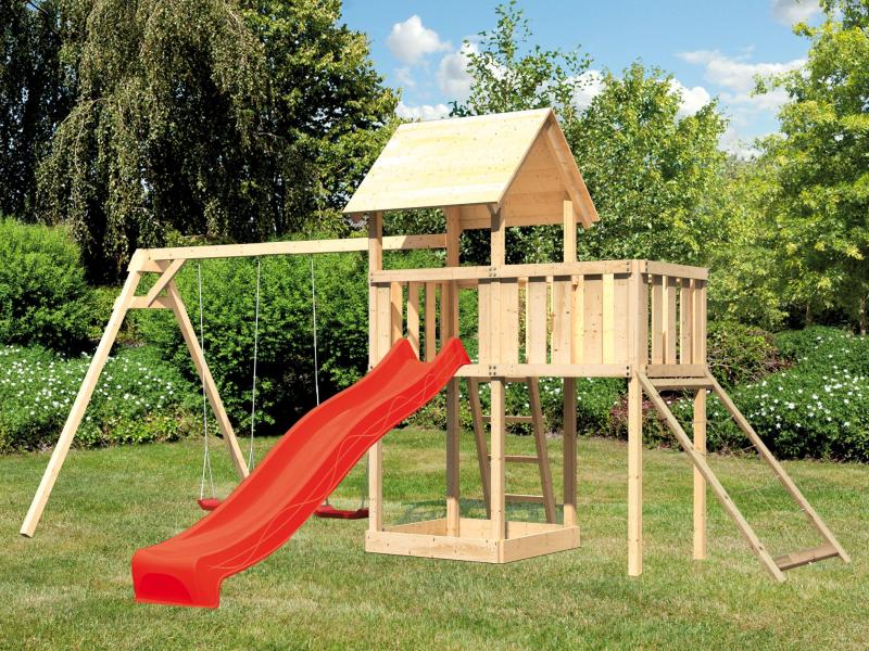 Karibu Spielturm Lotti Satteldach + Rutsche rot + Doppelschaukel + Anbauplattform + Netzrampe