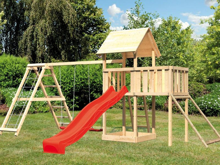 Karibu Spielturm Lotti Satteldach + Rutsche rot + Doppelschaukelanbau Klettergerüst + Anbauplattform